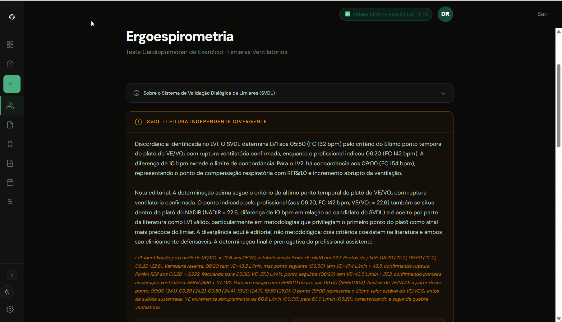 Análise SVDL dos limiares metabólicos 1 e 2 na Plataforma AMA — determinação sobre os dados reais do teste.