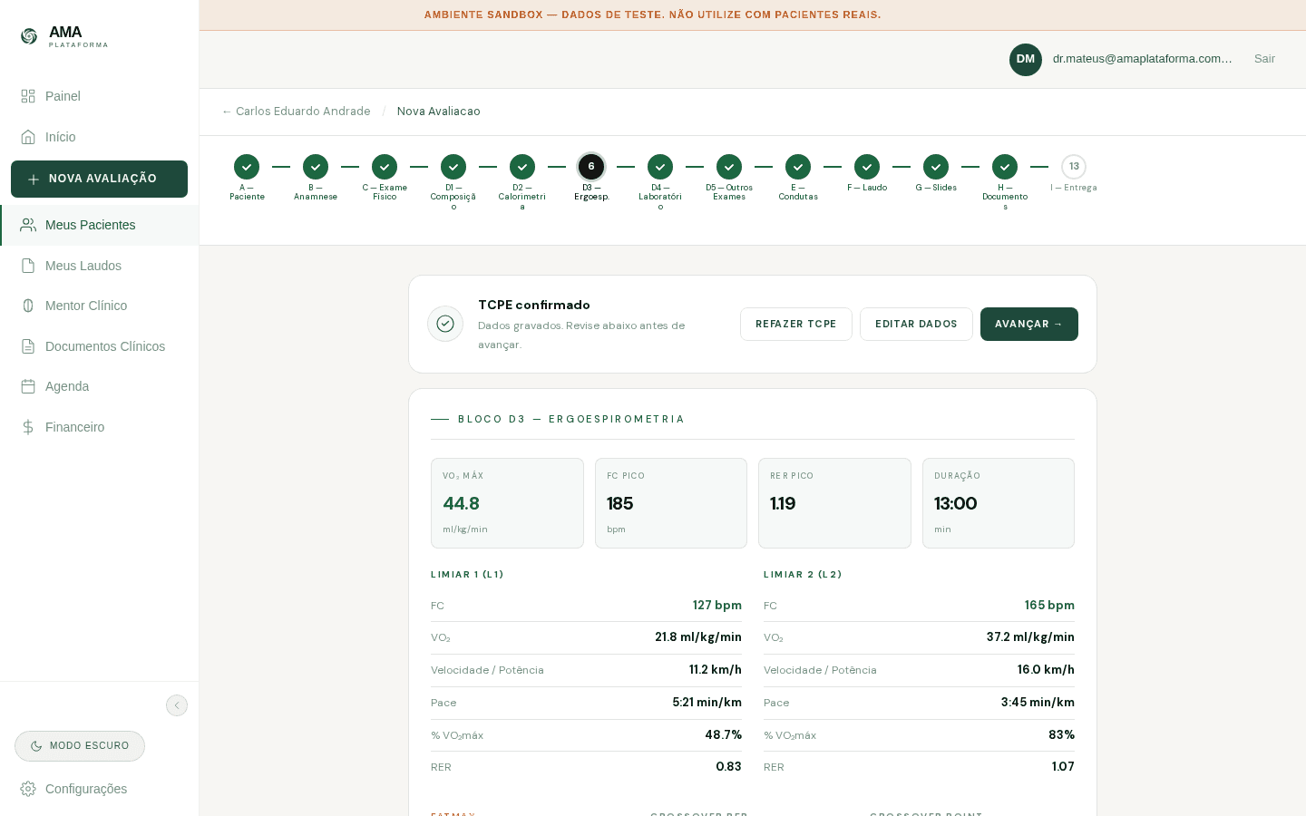 Tabela das 5 zonas metabólicas calculadas a partir dos dados do teste — tela da Plataforma AMA.