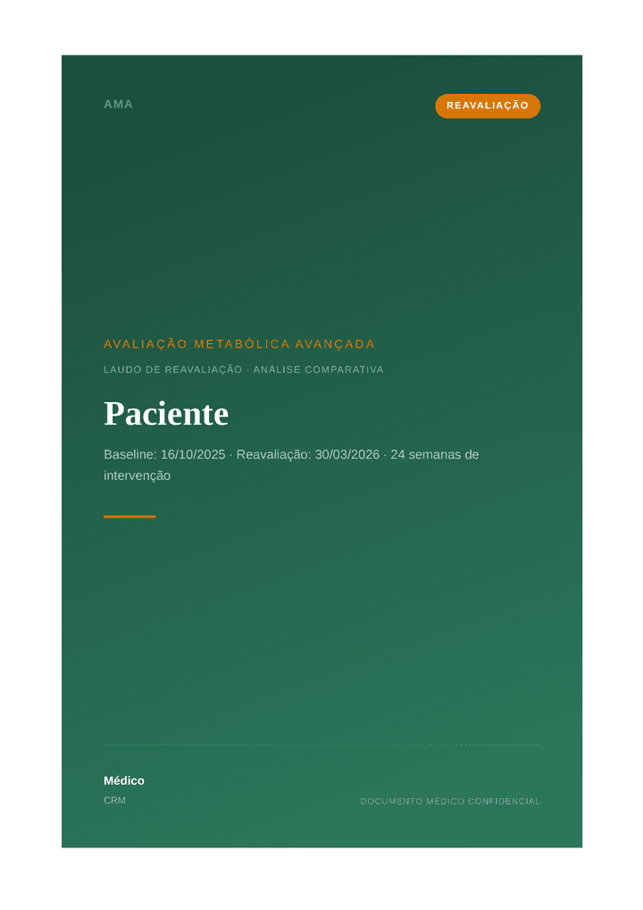 Capa do Passaporte Metabólico — laudo de Reavaliação em tonalidade verde com selo laranja indicando comparação longitudinal.